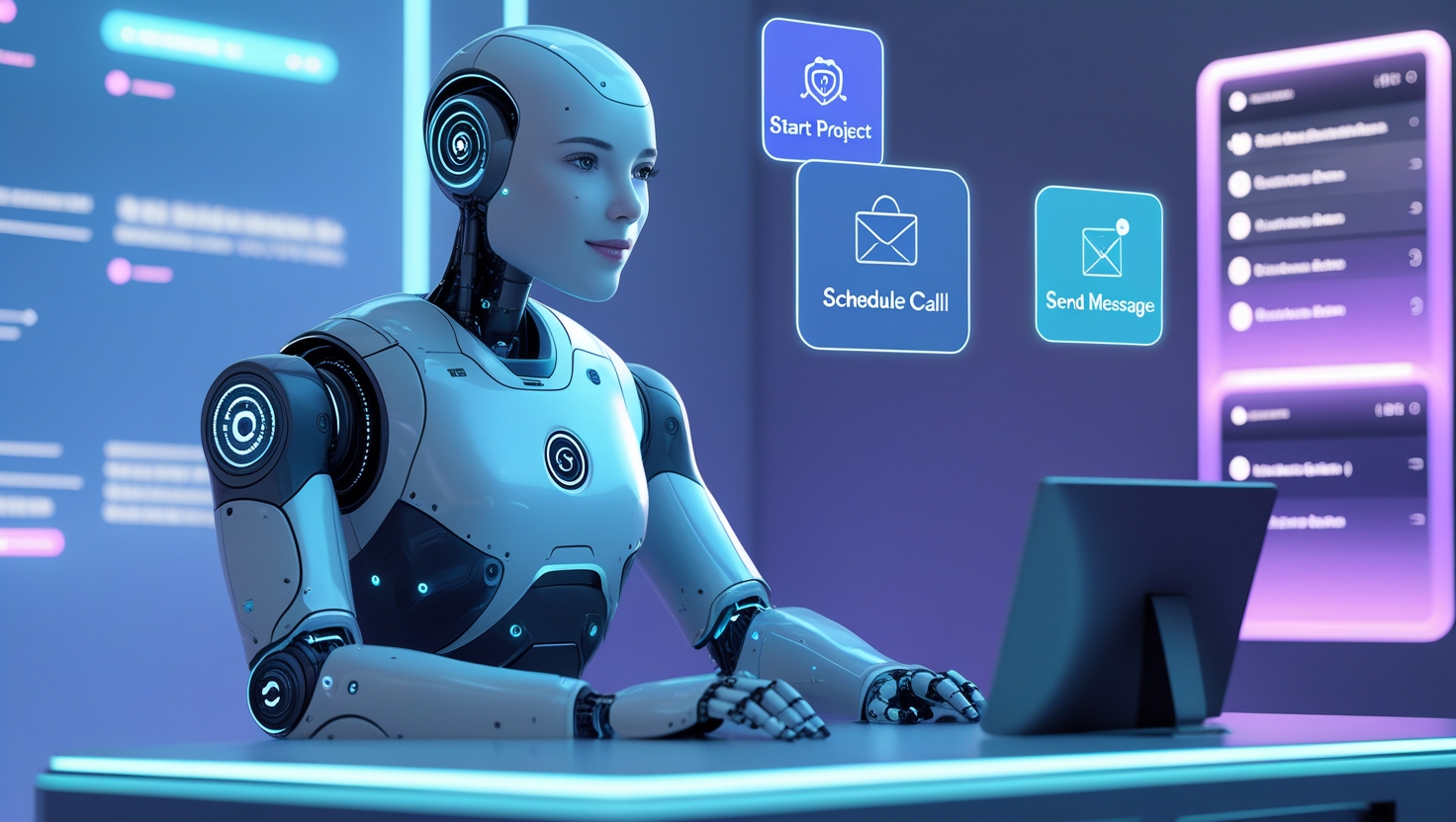 image of robot typing on futuristic computer